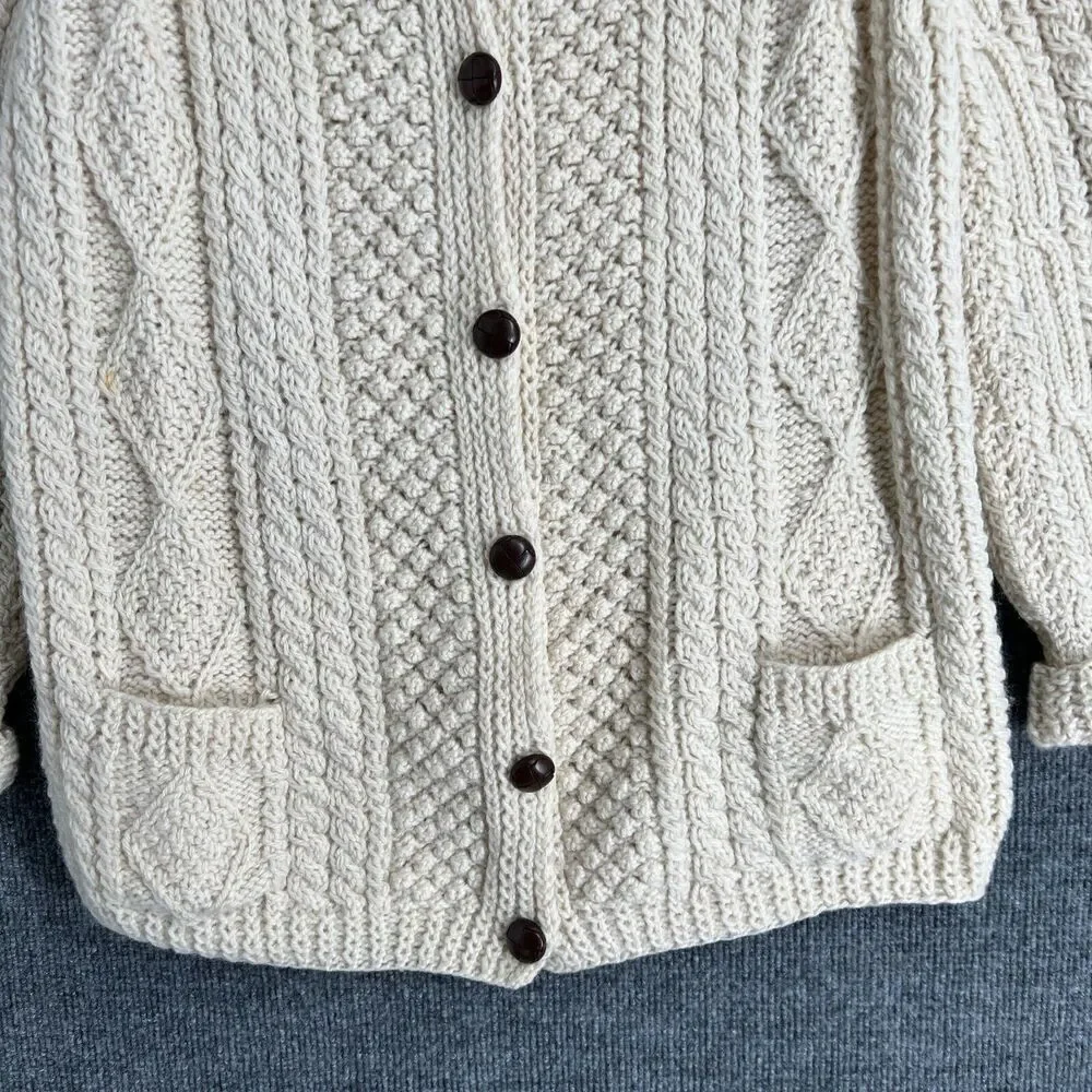 Vintage Wm McNelis & Sons Wool Fisherman Sweater Cardigan Womens M Cream Chunky